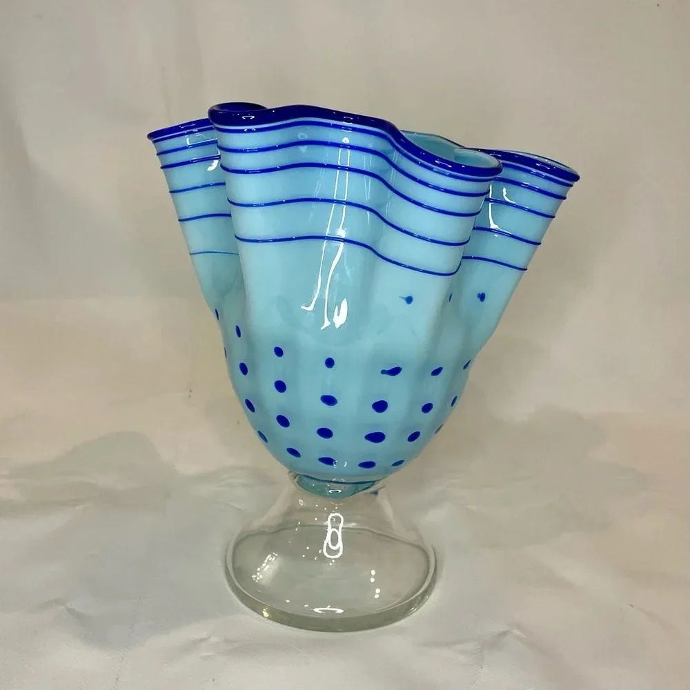 Blue Polka Dot & Stripped Blown Glass Fluted Ruffle Vase Handmade Unique